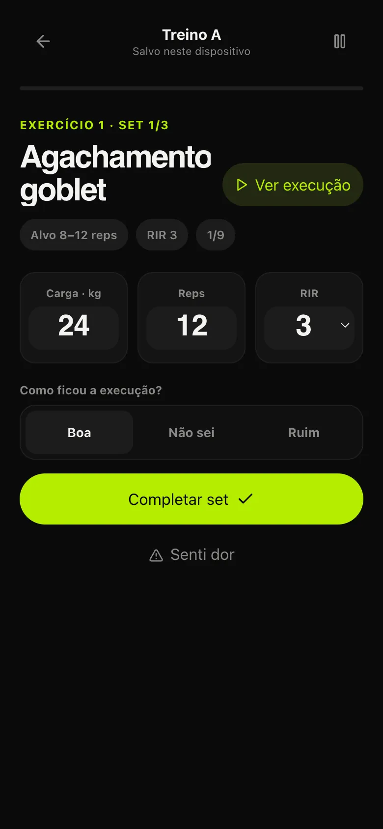 Tela de treino ao vivo do FitLocus com carga, repetições e RIR do set atual