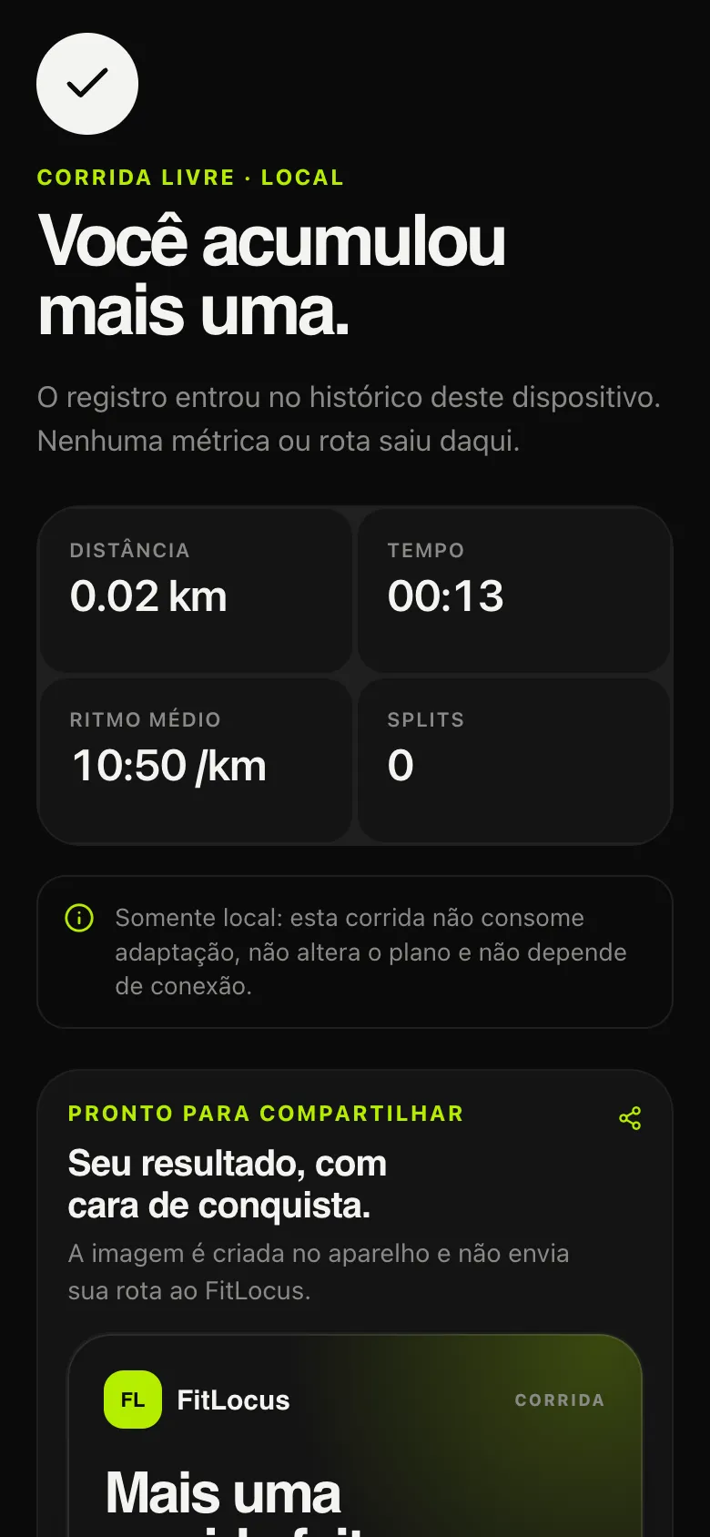 Resumo de corrida do FitLocus com tempo, distância, ritmo e parciais