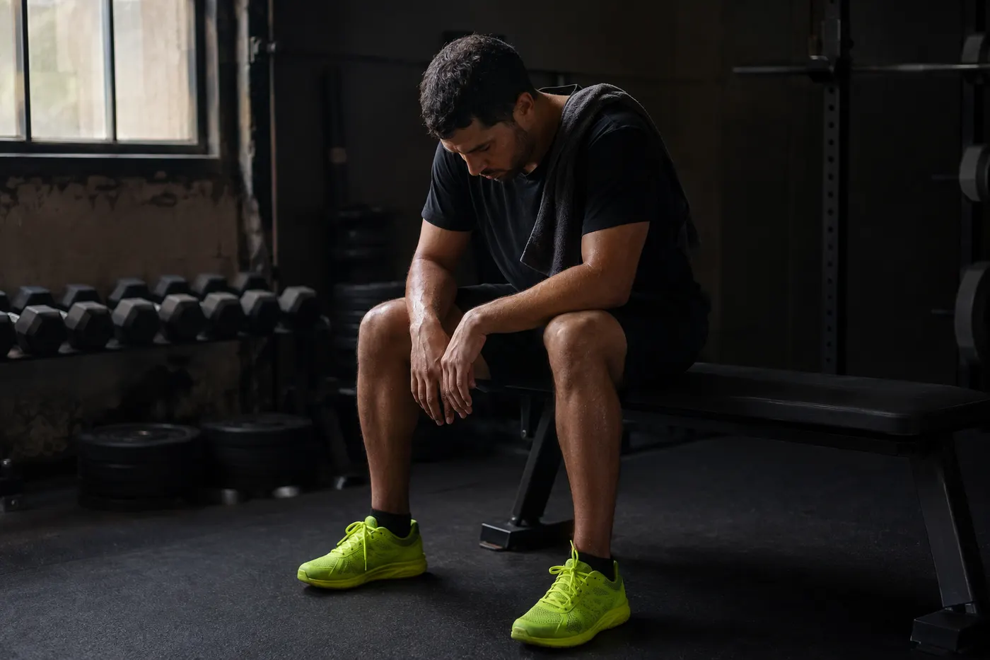 Atleta sentado no banco entre séries, recuperando o fôlego